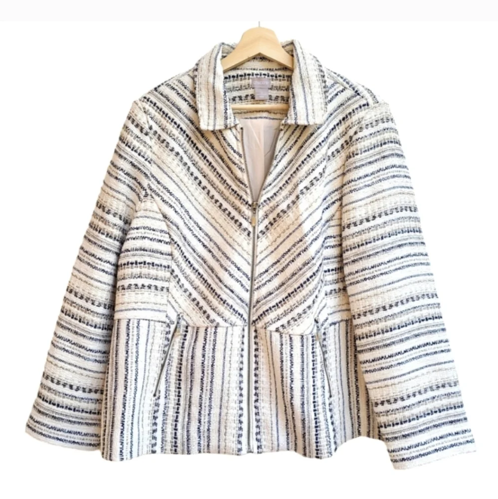 Chico's Cream and Black Striped Knit Zip Jacket